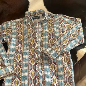 Wrangler Blue and Brown Geometric Button Down Shirt